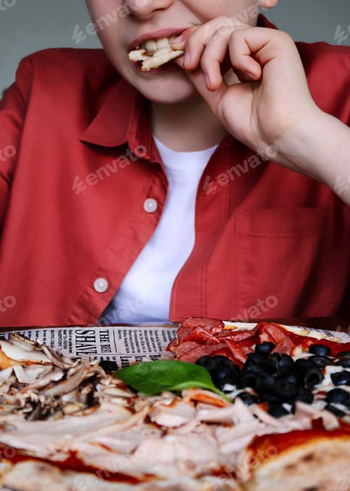 Preview: Boy Enjoying Slices of Pizza for Lunch Indoors