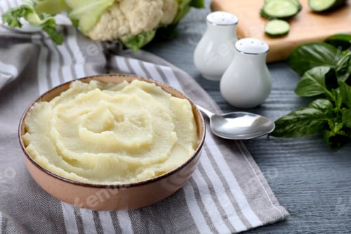 Preview: Bowl with tasty puree and ingredients on light blue wooden table