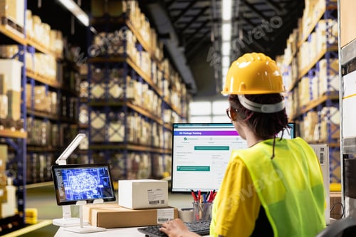 Preview: Black warehouse worker managing inventory logistics with AI virtual assistant