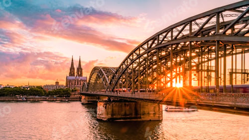 Preview: Cologne Koln Germany during sunset, Cologne bridge with cathedral
