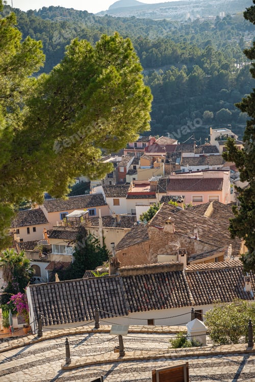 Preview: Top view of old buildings roofs in historical town of Polop, Spain