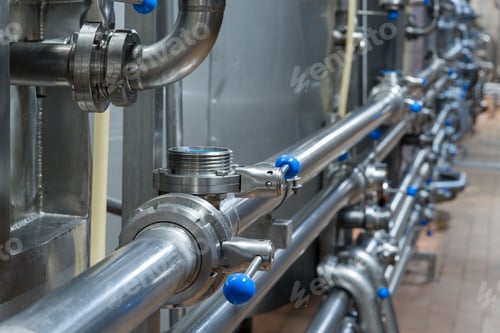 Preview: Industrial stainless steel pipework. Metal pipes, element of equipment design, milk production
