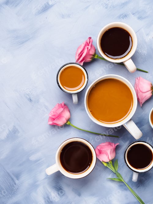 Preview: Cups and mugs of coffee and flowers