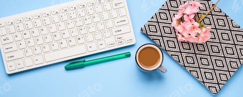 Preview: Keyboard, notebook, pen, coffee. Writing concept