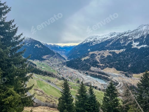 Preview: Aerial view of Airolo village in the Swiss Alps, from the Gotthard Pass, Switzerland