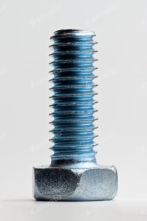 Preview: Detailed closeup vertical shot of a metal machine screw bolt shot on white background