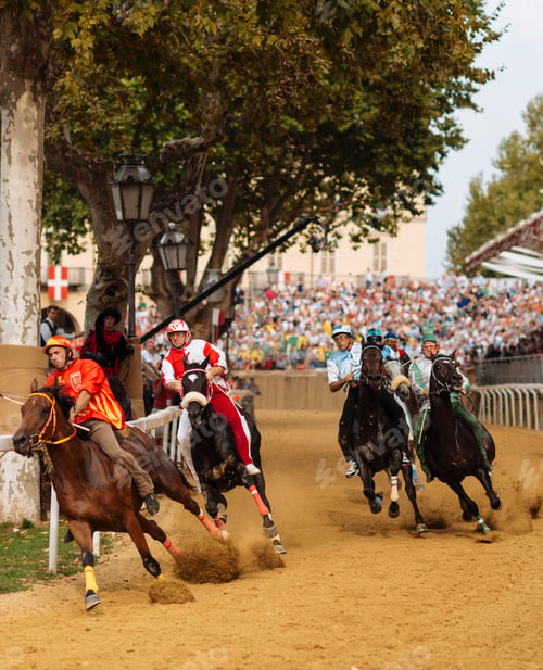 Preview: Intense horse race cornering action with jockeys in colorful attire