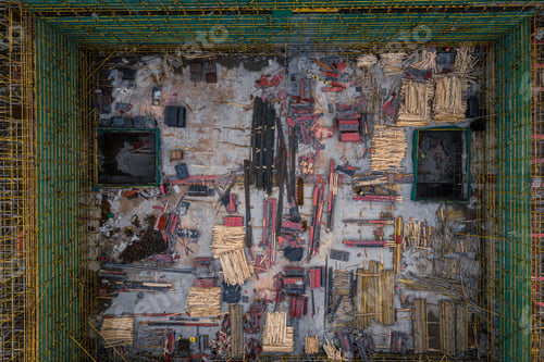Preview: Aerial top-down view of a bustling construction site in Wuhan, China during the daytime