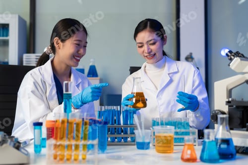 Preview: Glass vial, pipette and scientist in laboratory for medical study, research or experiment.