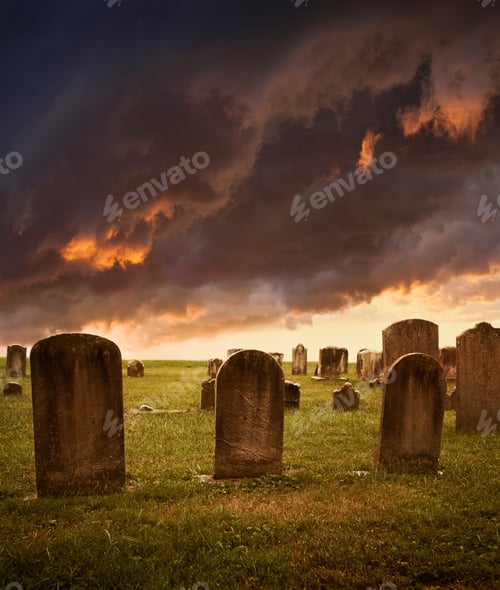 Preview: Spooky Halloween Cemetery Scene with Stormy Clouds