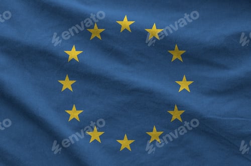 Preview: European union flag depicted on folded wavy fabric of old cloth