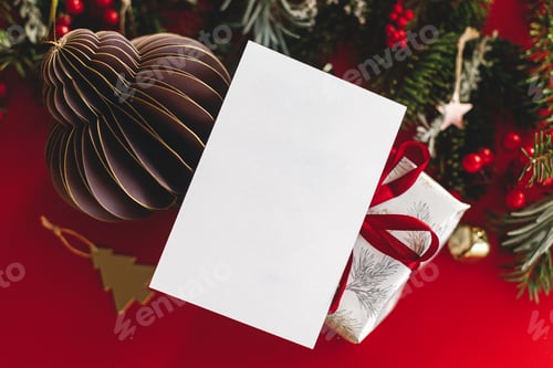 Preview: Christmas card mock up. Empty greeting card flat lay with fir branches