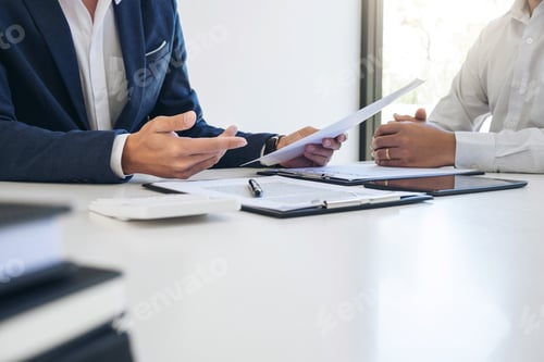 Preview: Agent man presentation and consulting car insurance detail to customer and waiting for his reply to
