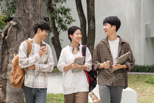 Preview: Education, friends and college with students on campus with books for learning, scholarship or