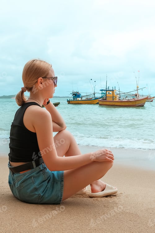 Preview: Travel. Retrit travel.Travelers woman coast ocean tropical island.wellness Solitude, wildlife,mental