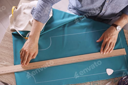 Preview: Tailor working with cloth at table in atelier, top view