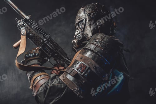 Preview: Grimy hunter with gas mask and custom gun in dark background