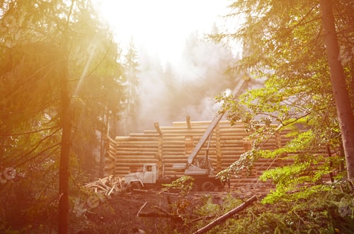 Preview: The process of building a wooden house from wooden beams of cylindrical shape