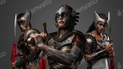 Preview: Three warriors women with cold steel against gray background
