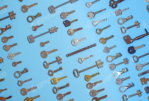 Preview: Keys set on blue background. Door lock keys and safes for property security and house protection