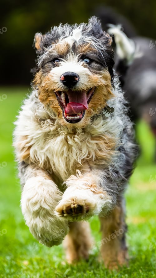 Vista previa: Closeup image of a Bernedoodle dog running with their mouth open and tongue out