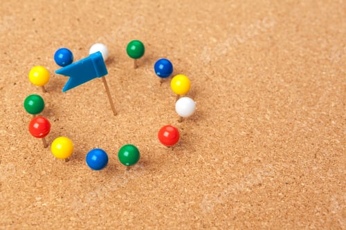 Preview: Group of thumbtacks pinned on corkboard. creative photo