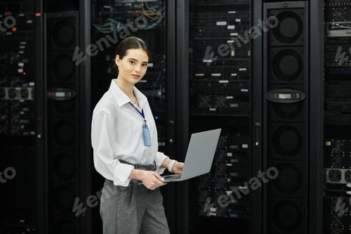 Preview: A woman in a white shirt works efficiently in a sleek server room, showcasing her tech expertise.