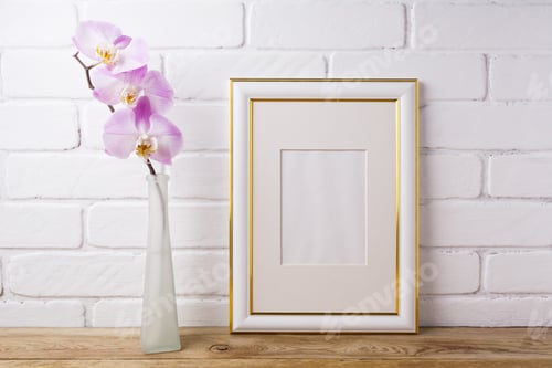 Preview: Gold decorated frame mockup with tender pink orchid