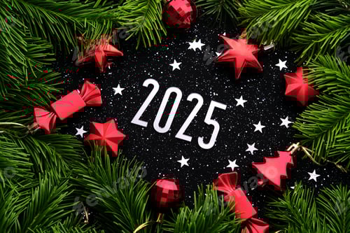 Visualização: Plano de
fundo de Ano Novo de 2025. Número do próximo ano na decoração de Natal em um fundo escuro.