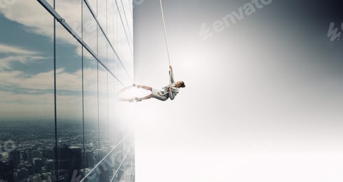 Preview: Concept Of Competition With Businesswoman Climbing Office Building With Rope