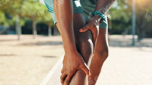 Preview: Fitness, hands and man with pain on legs, injury and exercise accident from workout outdoor. Person
