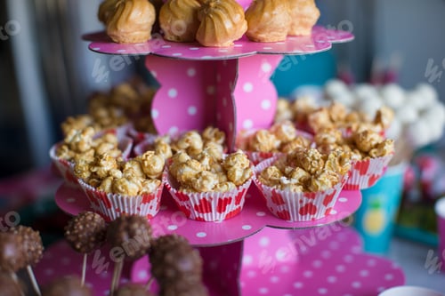 Preview: Portion popcorn on kid's party on sweet dessert table