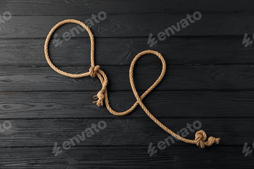 Preview: Lasso made of cotton rope on black wooden background, top view