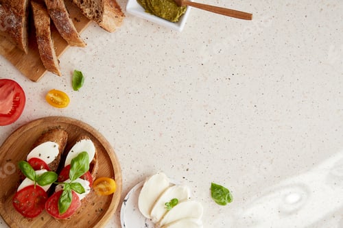 Preview: Caprese sandwich Italian starter, snack with fresh mozzarella, tomatoes, basil leaves