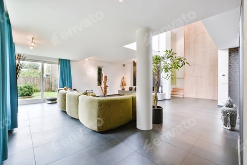 Preview: Cozy large living room with a yellow sofa