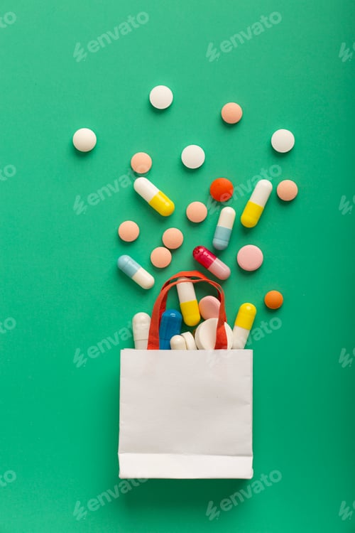 Preview: Various medicines, medical and pharmaceutical products in paper bags. Copy space
