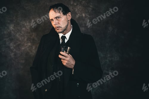 Preview: Retro 1920S English Gangster Holding Glass Of Whiskey. Peaky Blinders Style.