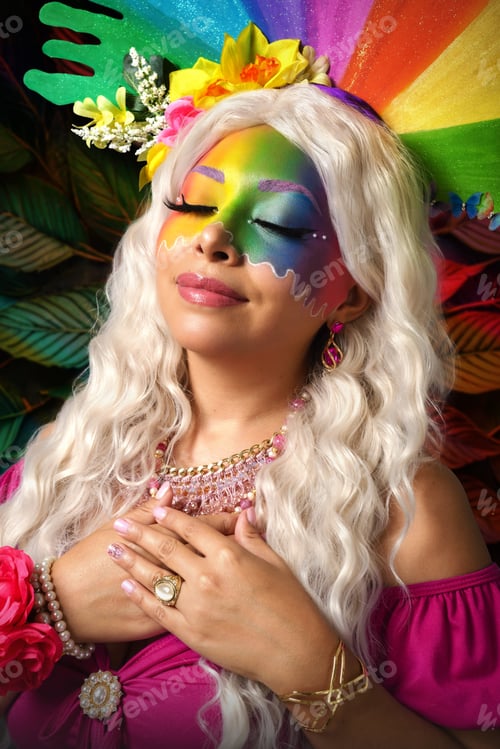 Preview: Woman with rainbow makeup. Fantasy makeup.
