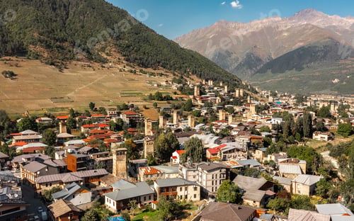Preview: Aerial view of Mestia on a sunny day