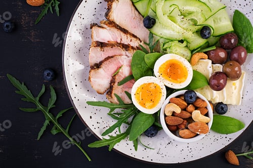 Preview: Ketogenic diet. Buddha bowl dish with meatloaf, chicken meat, avocado, berries and nuts.