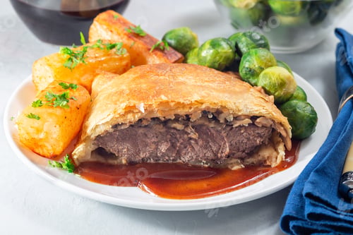 Preview: Beef Wellington with mushroom Duxelles, served with brussels sprouts and Chateau potato, horizontal