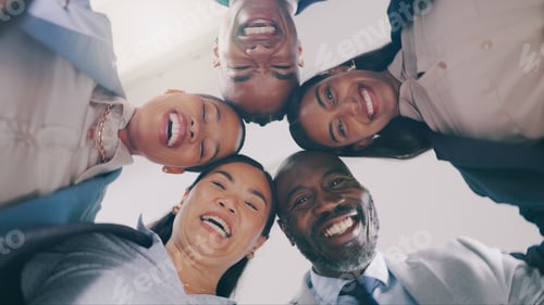 Preview: Business people, face and portrait in team building, meeting or motivation together at office. Grou