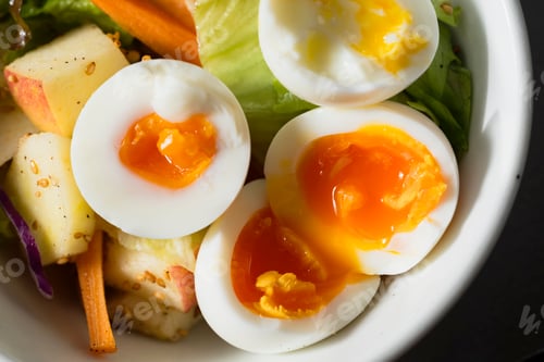 Preview: Boiled eggs with vegetables closeup