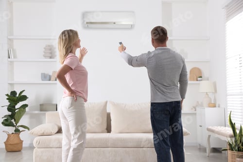 Preview: Couple at home. Man switching on air conditioner with remote control