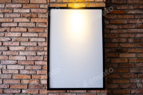 Preview: Mock up poster on brick wall. Template display for adverting or branding in loft style interior.