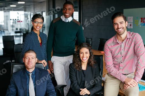 Preview: We always deliver more than expected. Portrait of a group of businesspeople sitting in an office.