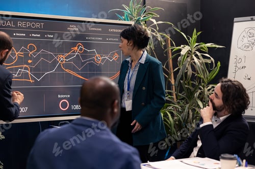 Preview: Team members attending conference in a boardroom and presenting the situation