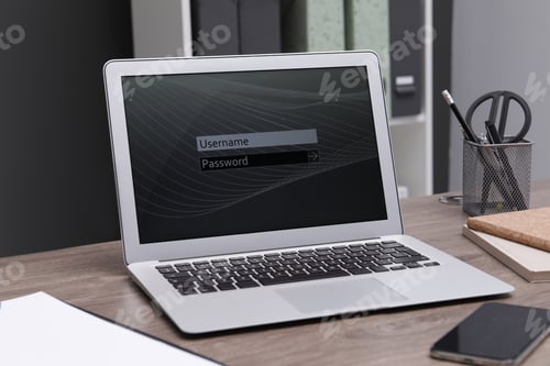 Preview: Modern laptop with blocked screen on wooden table in office