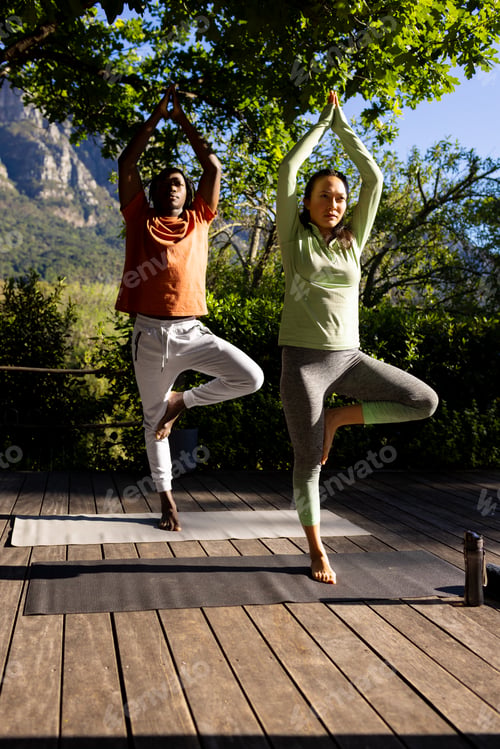 Preview: Happy diverse couple practicing yoga standing on deck in sunny garden, copy space