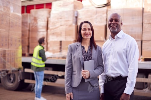 Preview: Portrait Of Multi-Cultural Freight Haulage Team Standing By Truck Being Loaded By Fork Lift